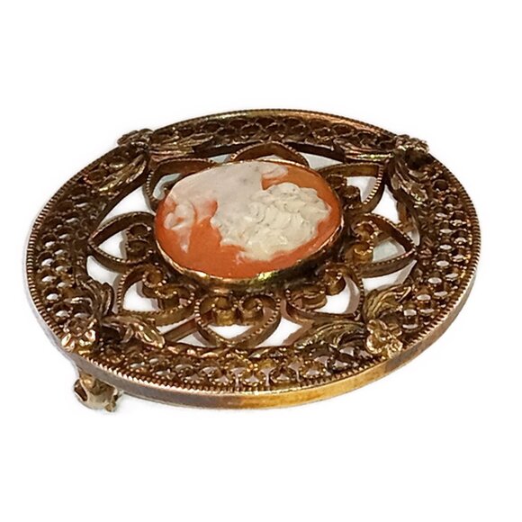 Romantic 1/20 12K Gold Filled Filigree Cameo Brooch - Picture 6 of 7